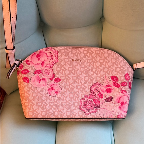 Dkny Handbags - DKNY Tan & Pink Floral Crossbody Bag